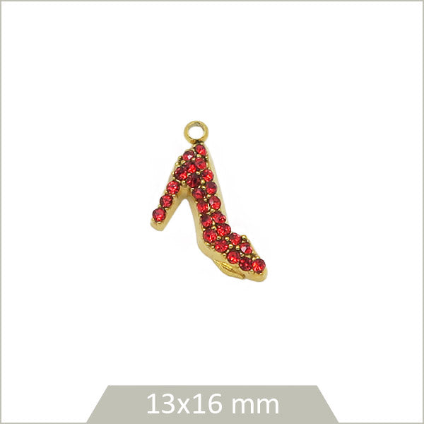 1 breloque escarpin en acier inoxydable 304 doré et strass rouge