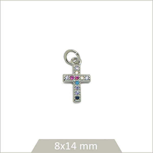 1 breloque croix en acier inoxydable et strass multicolores