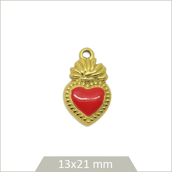 1 breloque cœur rouge acier inoxydable doré