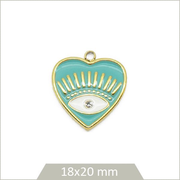1 breloque cœur bleu œil acier inoxydable doré