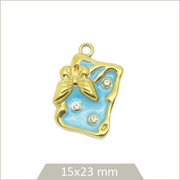 1 breloque rectangle bleu papillon et strass en acier inoxydable doré