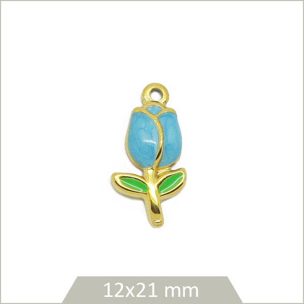1 breloque tulipe bleue acier inoxydable doré