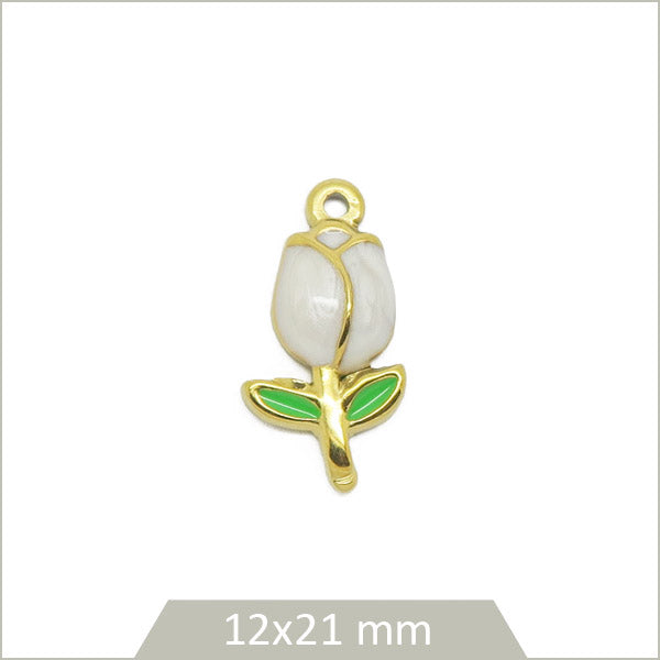 1 breloque tulipe blanche acier inoxydable doré