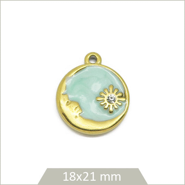 1 breloque ronde bleue lune et soleil acier inoxydable doré