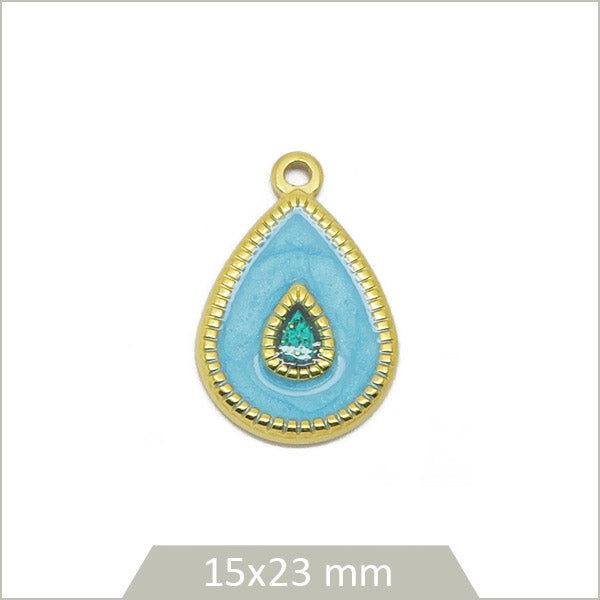 1 breloque goutte bleue cabochon en acier inoxydable doré