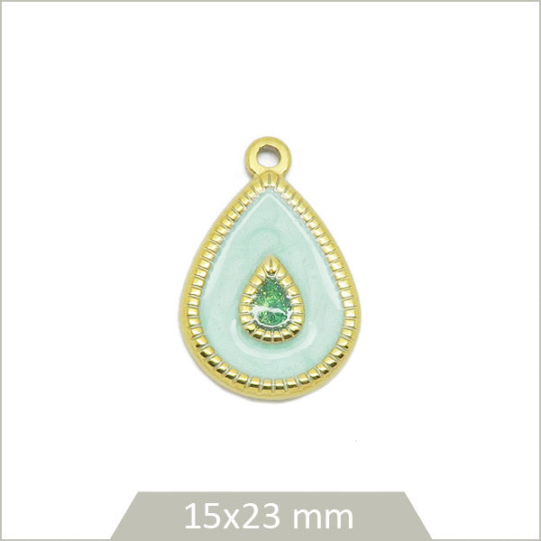 1 breloque goutte vert d'eau cabochon en acier inoxydable doré