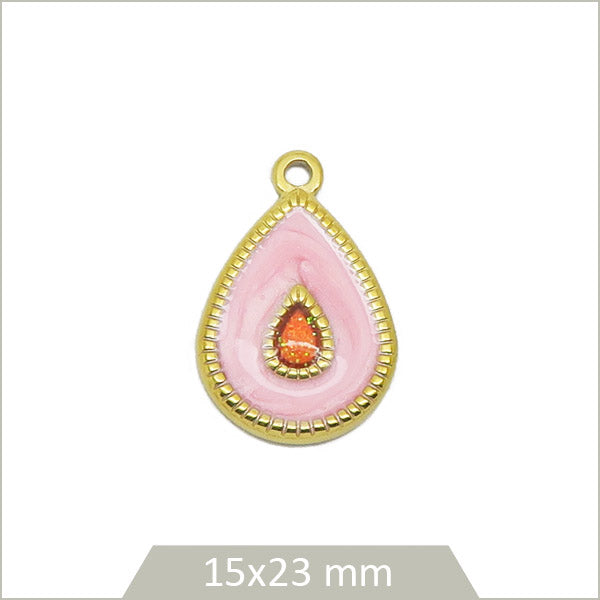 1 breloque goutte rose cabochon en acier inoxydable doré