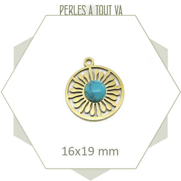 1 breloque soleil ajourée en acier doré et cabochon en howlite turquoise