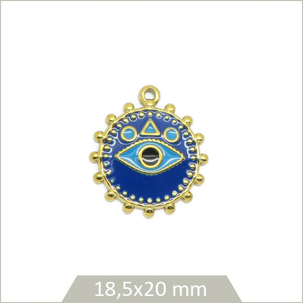 1 breloque ronde bleue œil acier inoxydable doré