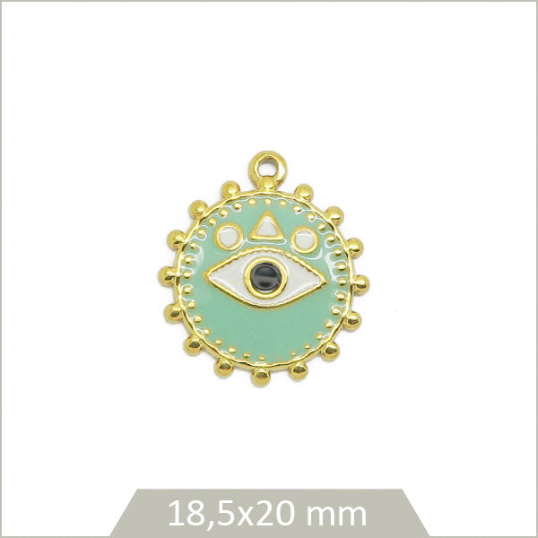 1 breloque ronde vert clair œil acier inoxydable doré