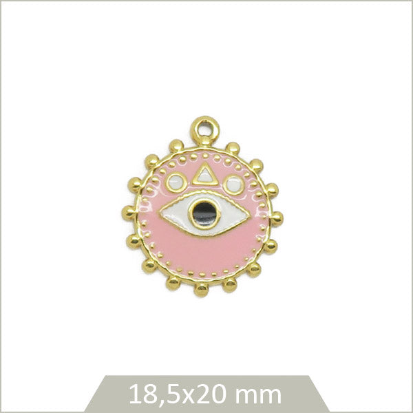 1 breloque ronde rose œil acier inoxydable doré