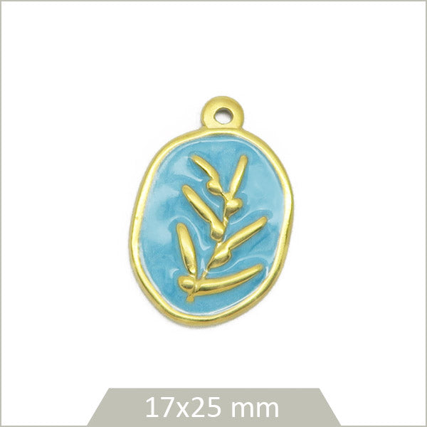 1 breloque ovale bleue épi de blé en acier inoxydable doré