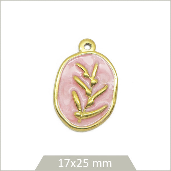1 breloque ovale rose épi de blé en acier inoxydable doré