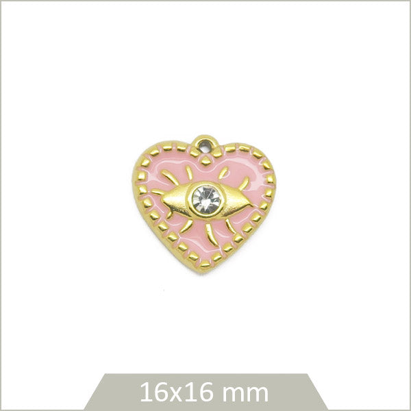 1 breloque cœur rose œil acier inoxydable doré
