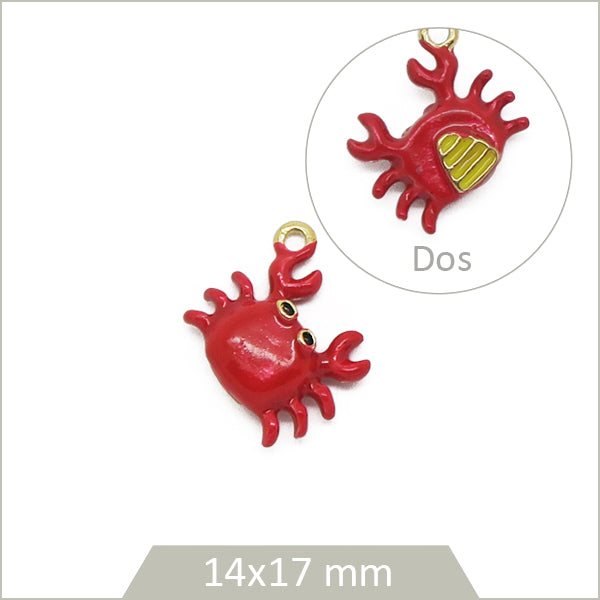 1 breloque crabe, alliage de laiton doré et d'effet émail rouge