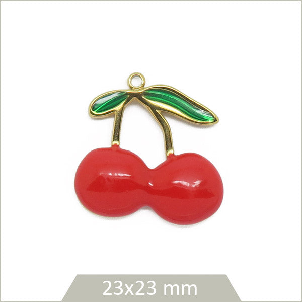 1 breloque cerises en acier doré et effet émail