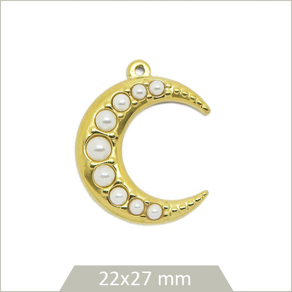 1 breloque croissant de lune perlé en acier inoxydable doré
