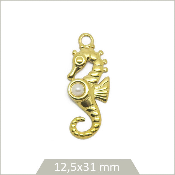 1 breloque hippocampe perlé en acier inoxydable doré