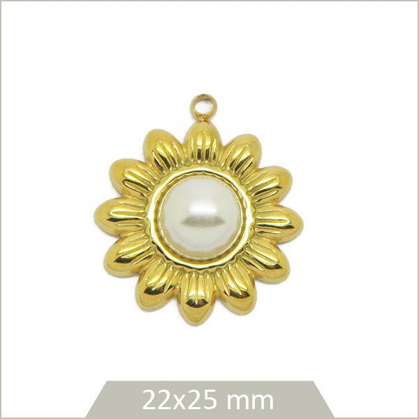 1 breloque fleur marguerite perlée en acier inoxydable doré