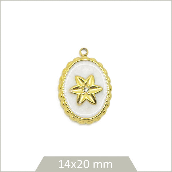 1 breloque médaillon blanc fleur acier inoxydable doré
