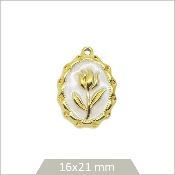 1 breloque médaillon blanc tulipe acier inoxydable doré