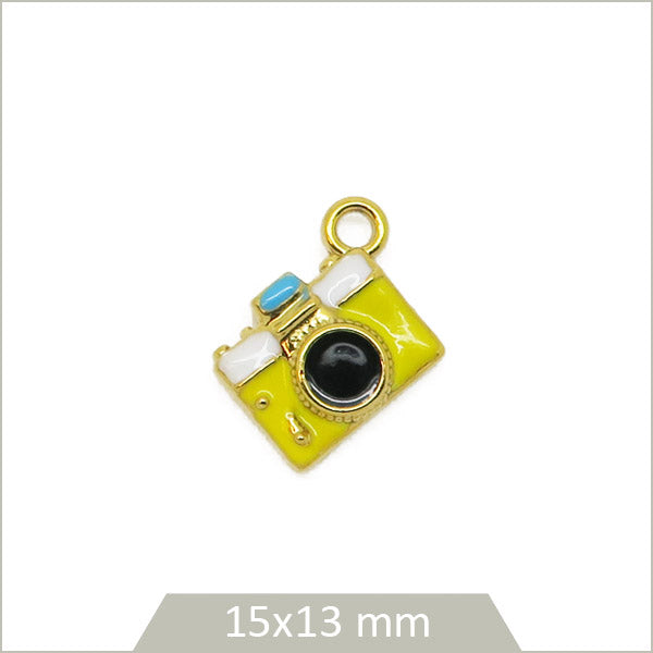 1 breloque appareil photo en acier inoxydable 304 doré et effet émail jaune