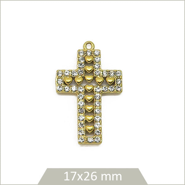 1 breloque croix en acier inoxydable 304 doré et strass