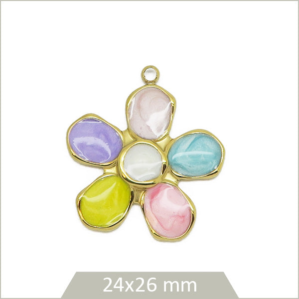 1 breloque fleur en acier inoxydable doré et effet émail multicolore