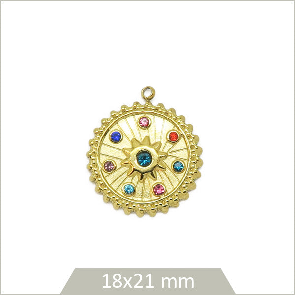 1 médaillon rond motif soleil en acier inoxydable 304 doré et strass multicolores