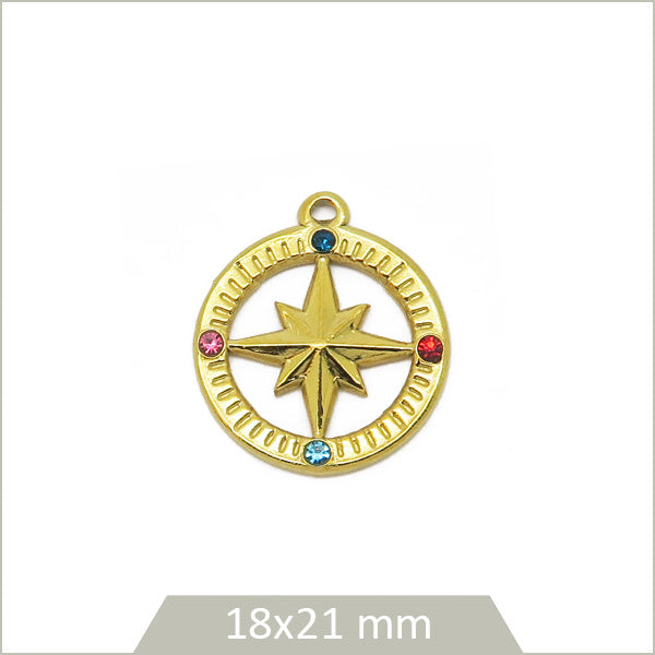 1 médaillon points cardinaux ajouré en acier inoxydable 304 doré et strass multicolores