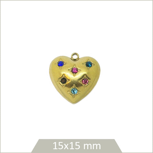 1 breloque cœur en acier inoxydable 304 doré et strass multicolores