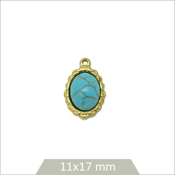 1 médaillon ovale en acier inoxydable 304 doré et cabochon en Turquoise synthétique