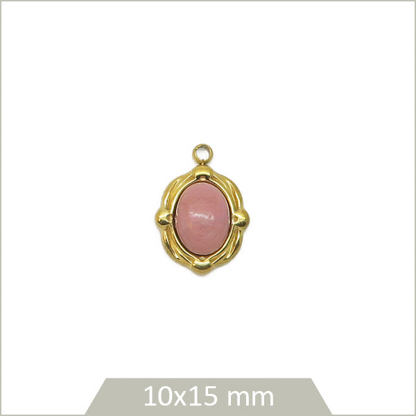 1 médaillon ovale en acier inoxydable 304 doré et cabochon en Rhodonite