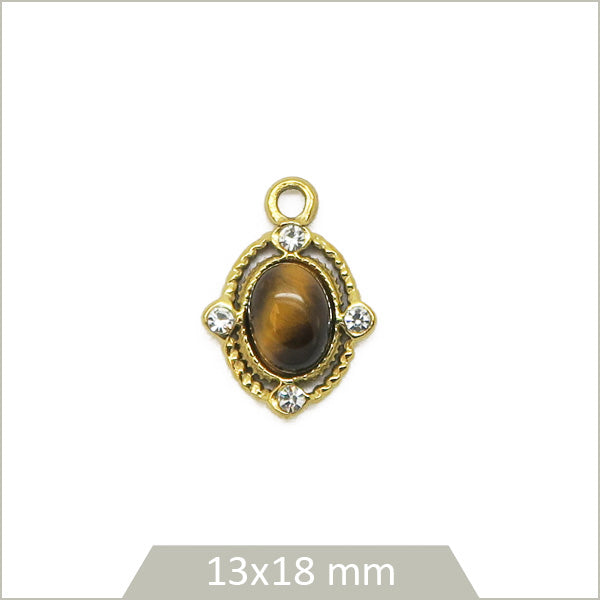 1 médaillon ovale en acier inoxydable 304 doré et cabochon en Oeil de tigre