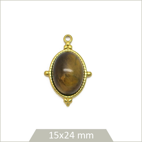 1 médaillon ovale en acier inoxydable 304 doré et cabochon en Oeil de tigre