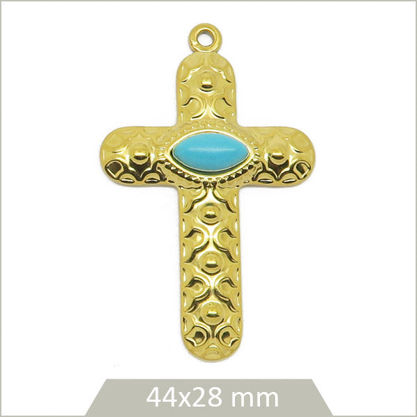 1 breloque croix en acier inoxydable 304 et cabochon en Howlite teintée turquoise