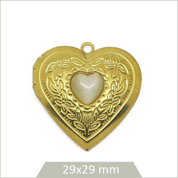 1 médaillon coeur en acier inoxydable 304 doré et cabochon en Pierre de Lune