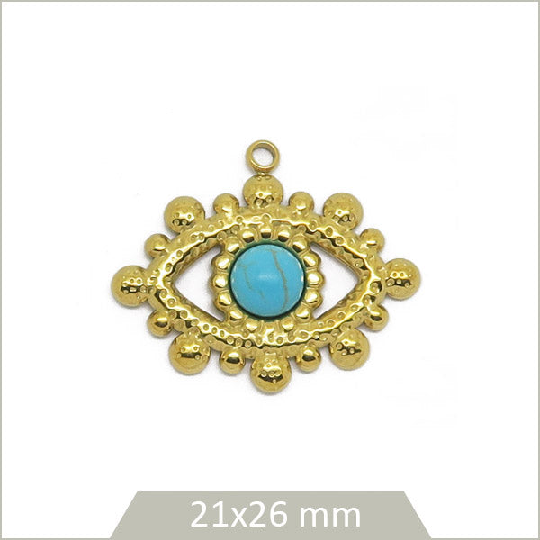 1 breloque œil acier inoxydable doré cabochon Howlite teintée turquoise