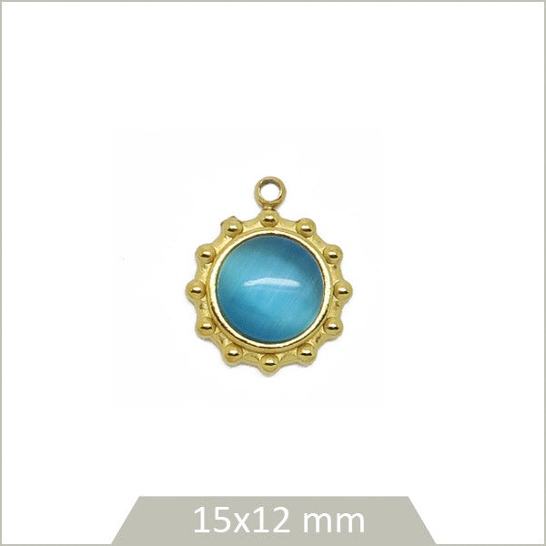 1 médaillon rond en acier inoxydable 304 doré et cabochon en Pierre de lune teintée bleue