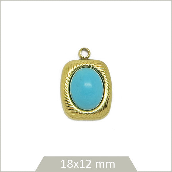 1 médaillon rectangle en acier inoxydable 304 doré et cabochon en Howlite teintée bleu