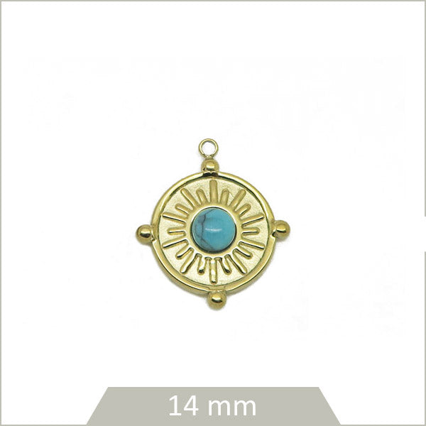 1 breloque soleil gravée en acier doré et cabochon en howlite turquoise