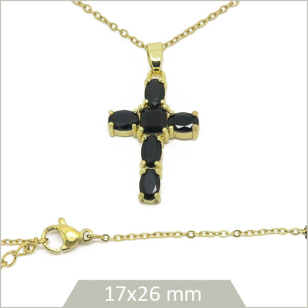 1 collier croix en acier doré et strass en verre noir