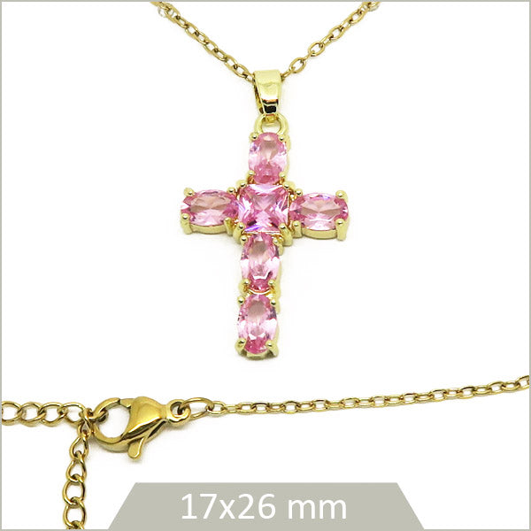 1 collier croix en acier doré et strass en verre rose