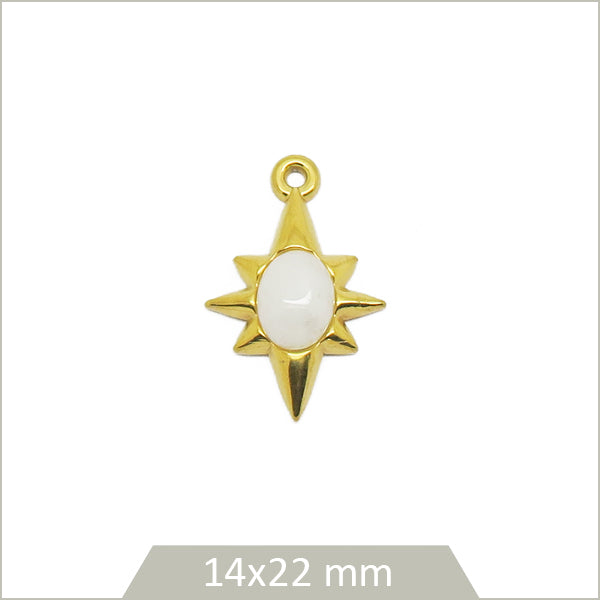 1 breloque étoile en acier doré et cabochon en Quartz blanc