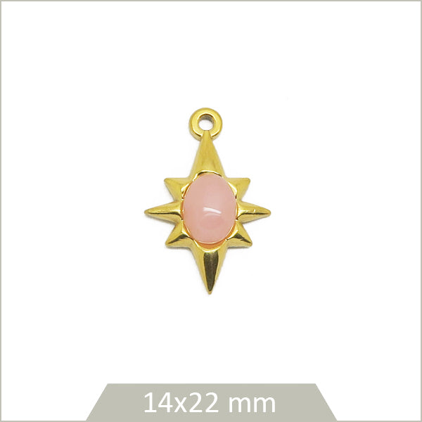 1 breloque étoile en acier doré et cabochon en Quartz rose