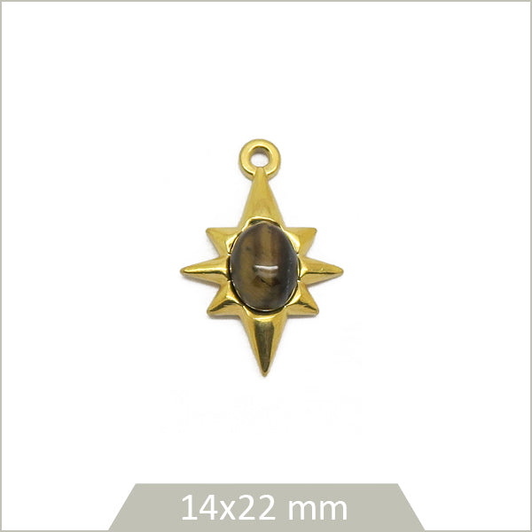 1 breloque étoile en acier doré et cabochon en Oeil de tigre