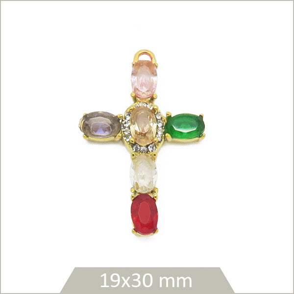 1 breloque croix baroque en acier doré et strass en verre teinté multicolore