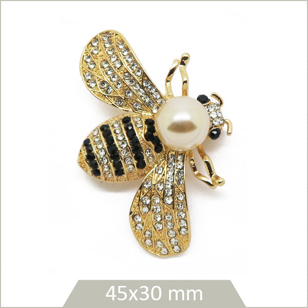 1 broche abeille alliage doré, strass argent et noir, perle nacrée