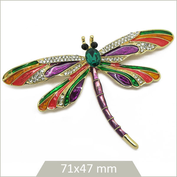 1 grande broche libellule alliage doré, émail multicolore et strass