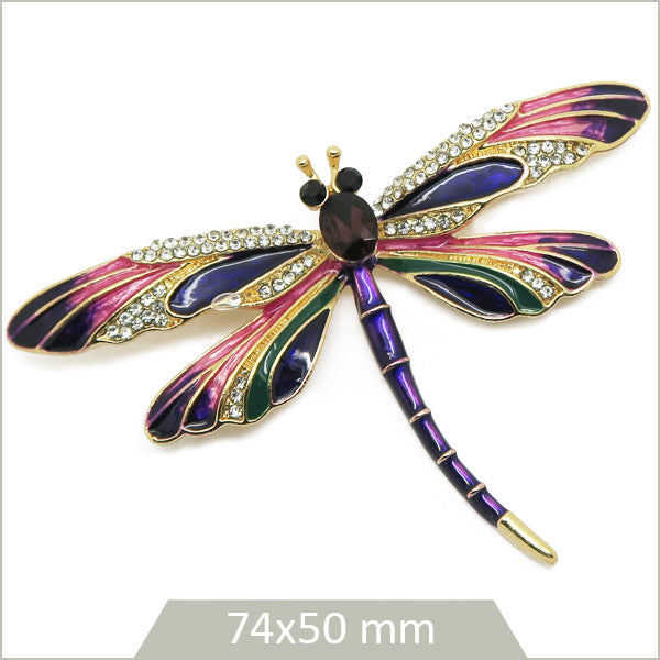 1 grande broche libellule alliage doré, émail tons violets et strass